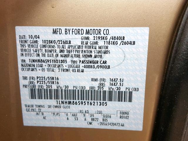 1LNHM86S95Y621305 - 2005 LINCOLN LS GOLD photo 10