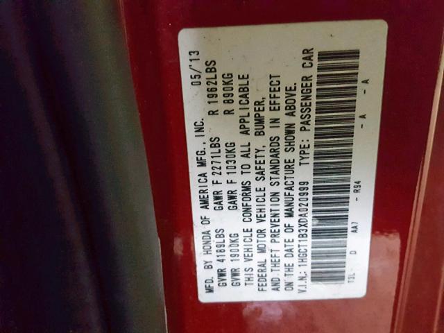 1HGCT1B3XDA020999 - 2013 HONDA ACCORD LX- RED photo 10