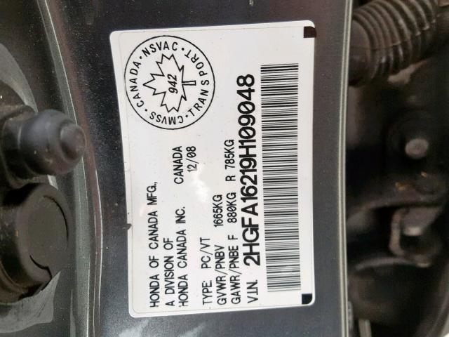 2HGFA16219H109048 - 2009 HONDA CIVIC DX GRAY photo 10