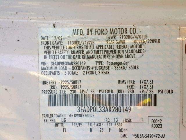 3FADP0L33AR280149 - 2010 FORD FUSION HYB WHITE photo 10