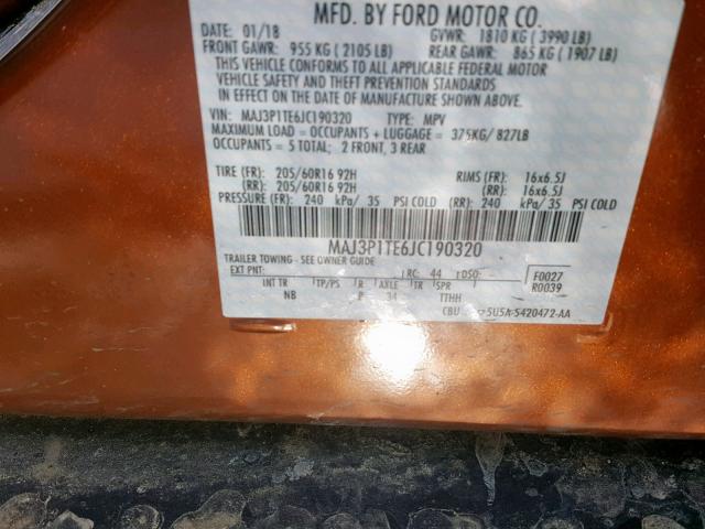 MAJ3P1TE6JC190320 - 2018 FORD ECOSPORT S ORANGE photo 10