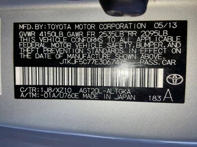 JTKJF5C77E3067475 - 2014 TOYOTA SCION TC GRAY photo 10