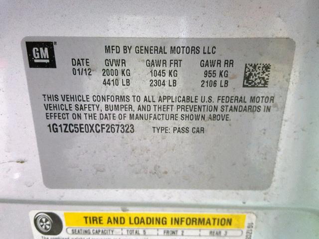 1G1ZC5E0XCF267323 - 2012 CHEVROLET MALIBU 1LT 银色 照片 10