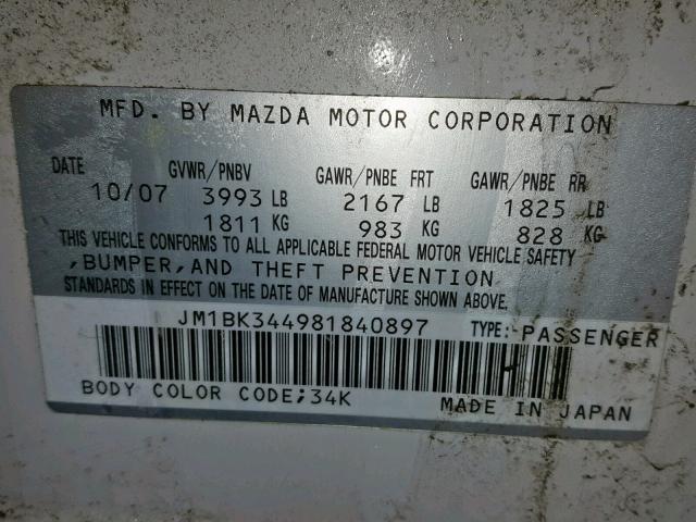 JM1BK344981840897 - 2008 MAZDA 3 HATCHBAC WHITE photo 10