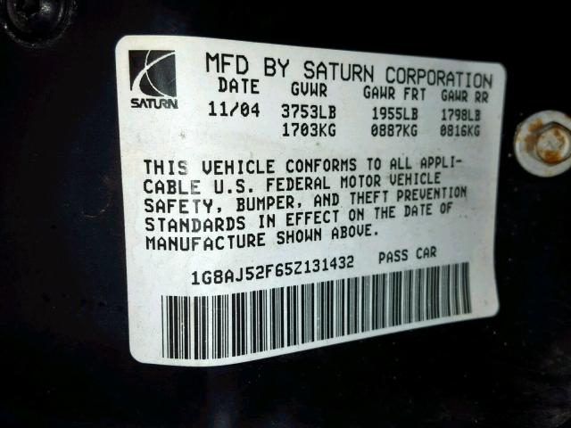 1G8AJ52F65Z131432 - 2005 SATURN ION LEVEL BLUE photo 10