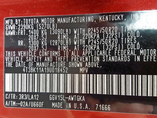 4T3BK11A19U018452 - 2009 TOYOTA VENZA BASE RED photo 10