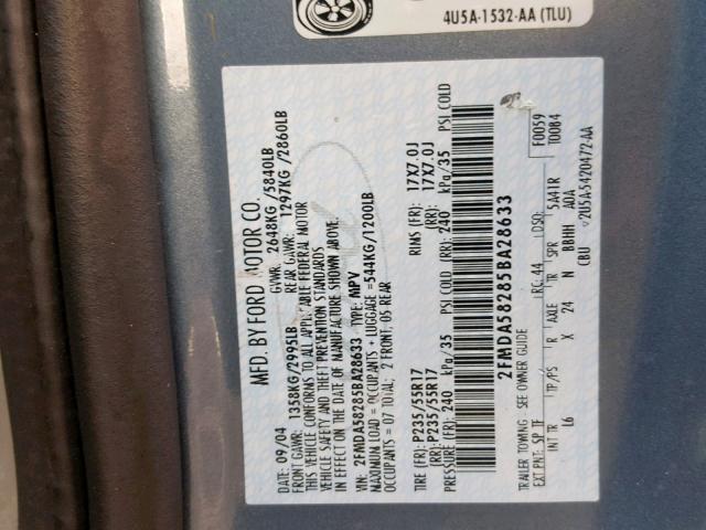 2FMDA58285BA28633 - 2005 FORD FREESTAR L BLUE photo 10