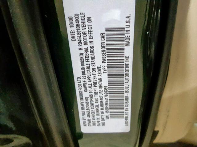 4S3BH665417626389 - 2001 SUBARU LEGACY OUT GREEN photo 10