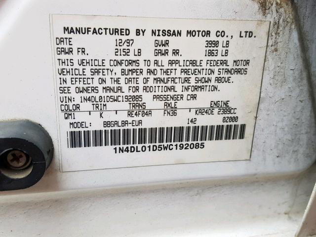 1N4DL01D5WC192085 - 1998 NISSAN ALTIMA XE WHITE photo 10