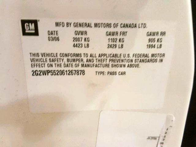 2G2WP552061267878 - 2006 PONTIAC GRAND PRIX WHITE photo 10