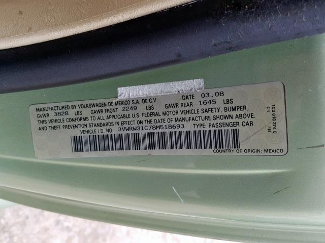 3VWRW31C78M518693 - 2008 VOLKSWAGEN NEW BEETLE მწვანე ფოტო 10