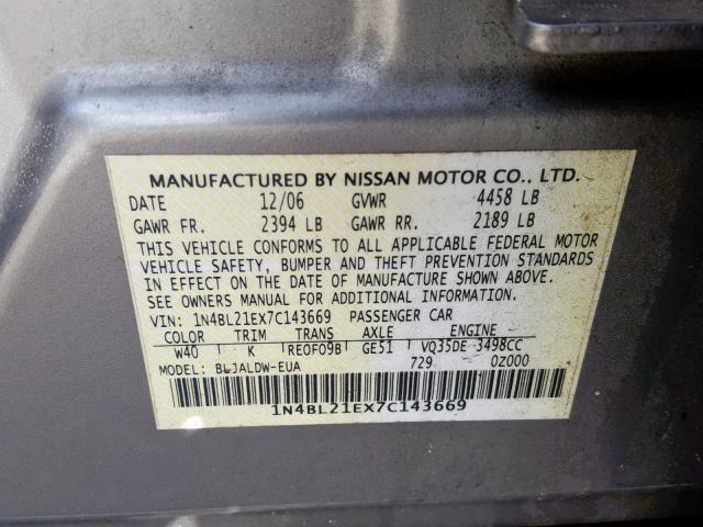 1N4BL21EX7C143669 - 2007 NISSAN ALTIMA 3.5 GRAY photo 10