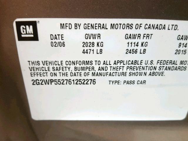 2G2WP552761252276 - 2006 PONTIAC GRAND PRIX GOLD photo 10