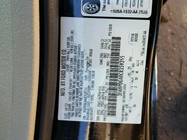 3FAHP0GA0CR359355 - 2012 FORD FUSION S BLACK photo 10