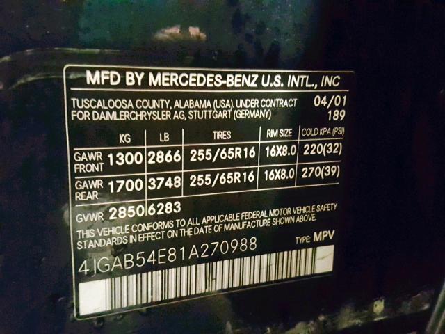 4JGAB54E81A270988 - 2001 MERCEDES-BENZ ML 320 BLACK photo 10