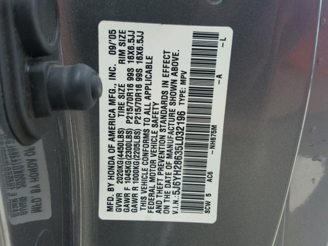 5J6YH28635L032196 - 2005 HONDA ELEMENT EX GRAY photo 10