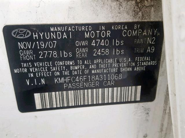 KMHFC46F18A311068 - 2008 HYUNDAI AZERA SE WHITE photo 10