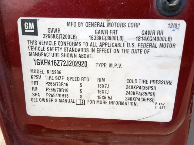 1GKFK16Z72J202920 - 2002 GMC YUKON XL K MAROON photo 10