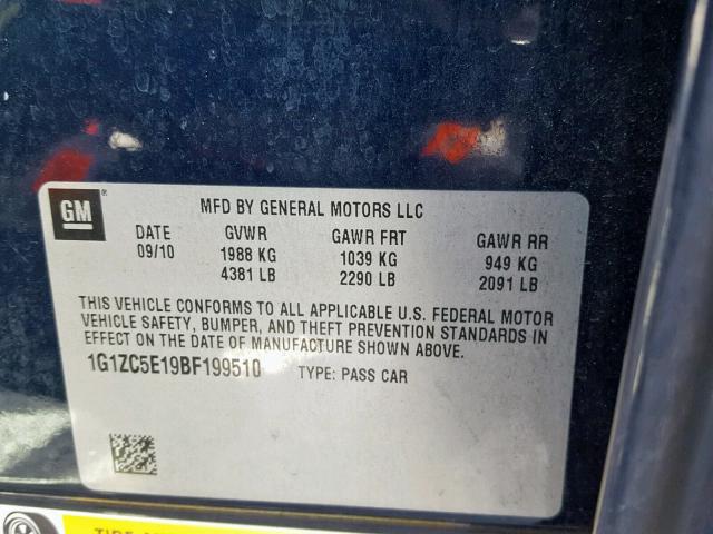 1G1ZC5E19BF199510 - 2011 CHEVROLET MALIBU 1LT ლურჯი ფოტო 10