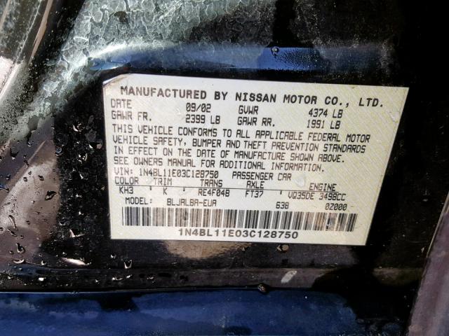 1N4BL11E03C128750 - 2003 NISSAN ALTIMA SE BLACK photo 10