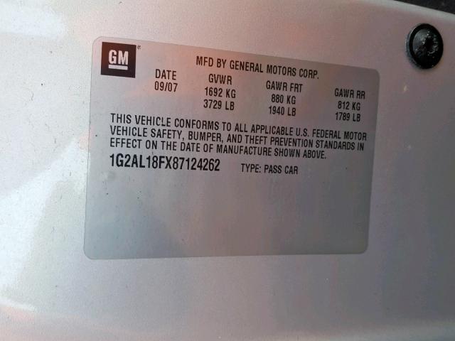 1G2AL18FX87124262 - 2008 PONTIAC G5 SILVER photo 10