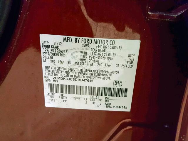 2FMDK3JC5DBB47646 - 2013 FORD EDGE SEL MAROON photo 10