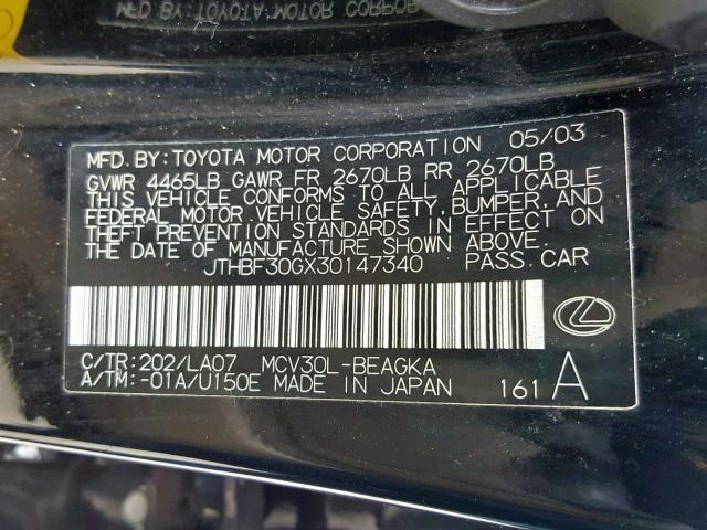 JTHBF30GX30147340 - 2003 LEXUS ES 300 BLACK photo 10