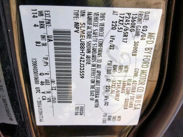 5LMEU88H74ZJ33559 - 2004 LINCOLN AVIATOR 黑色 照片 10