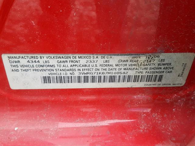 3VWRG71K87M100542 - 2007 VOLKSWAGEN JETTA 2.5 RED photo 10