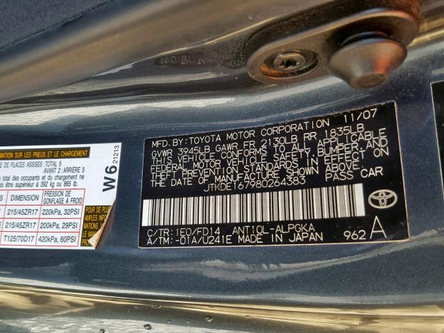 JTKDE167980264383 - 2008 TOYOTA SCION TC BLACK photo 10