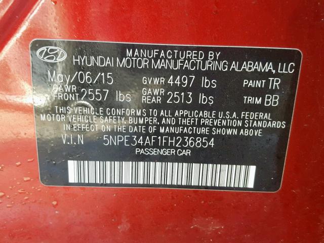 5NPE34AF1FH236854 - 2015 HYUNDAI SONATA SPO RED photo 10