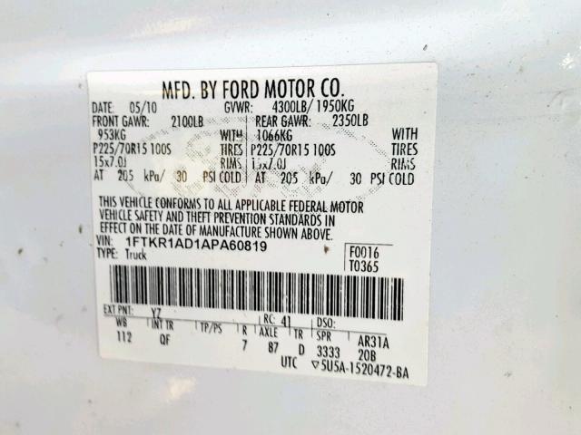 1FTKR1AD1APA60819 - 2010 FORD RANGER SILVER photo 10