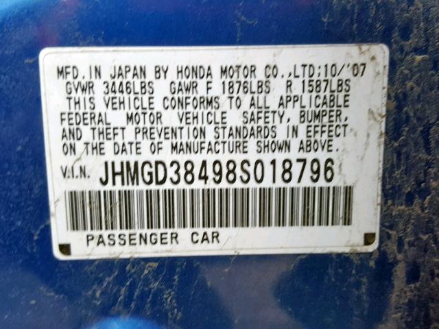 JHMGD38498S018796 - 2008 HONDA FIT BLUE photo 10