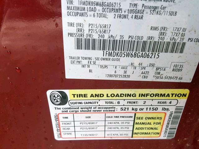 1FMDK05W68GA06215 - 2008 FORD TAURUS X S RED photo 10