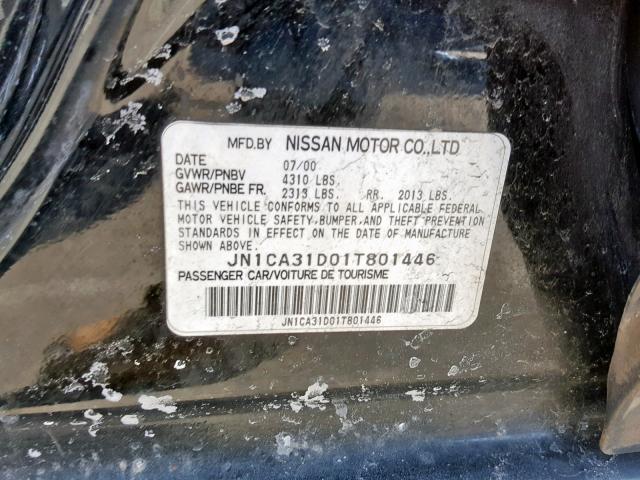 JN1CA31D01T801446 - 2001 NISSAN MAXIMA GXE BLACK photo 10