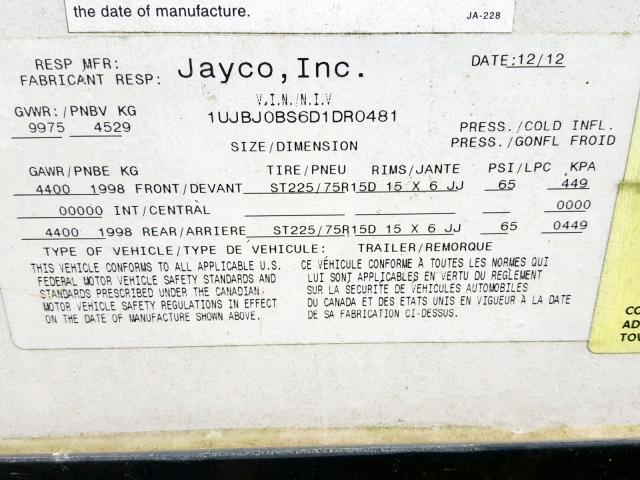 1UJBJ0BS6D1DR0481 - 2013 JAYCO EAGLE  BEIGE photo 10