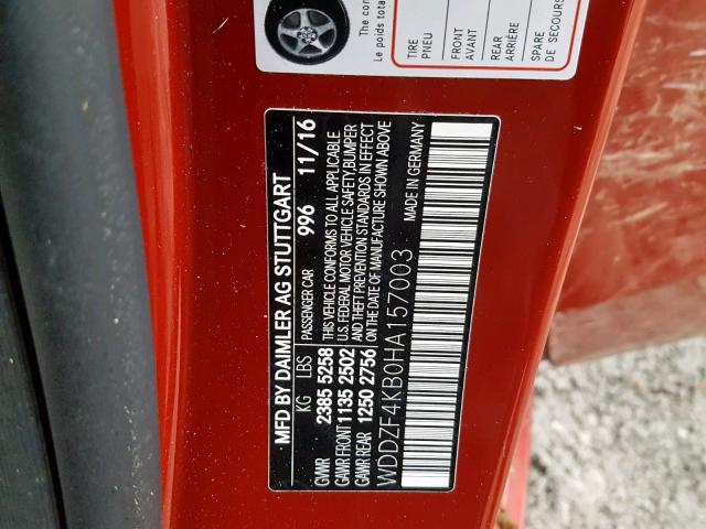 WDDZF4KB0HA157003 - 2017 MERCEDES-BENZ E 300 4MAT RED photo 10