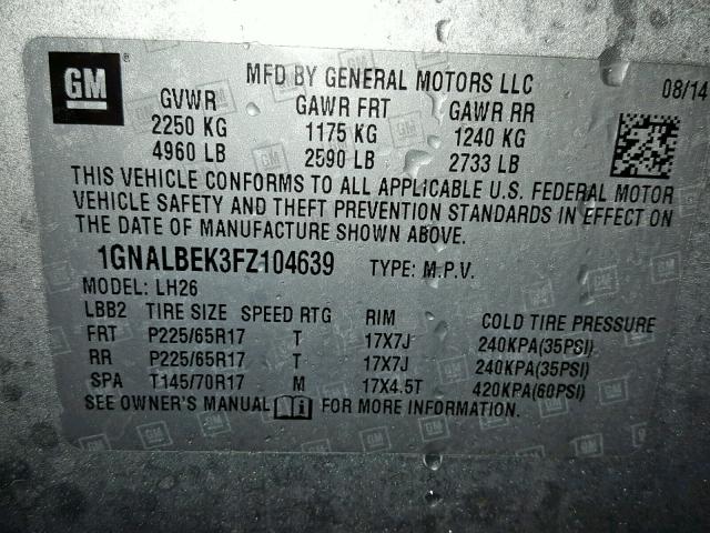 1GNALBEK3FZ104639 - 2015 CHEVROLET EQUINOX LT SILVER photo 10