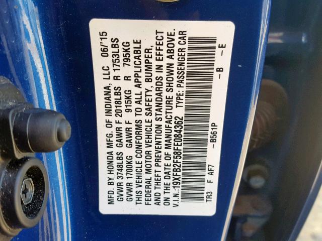 19XFB2F58FE084362 - 2015 HONDA CIVIC LX BLUE photo 10