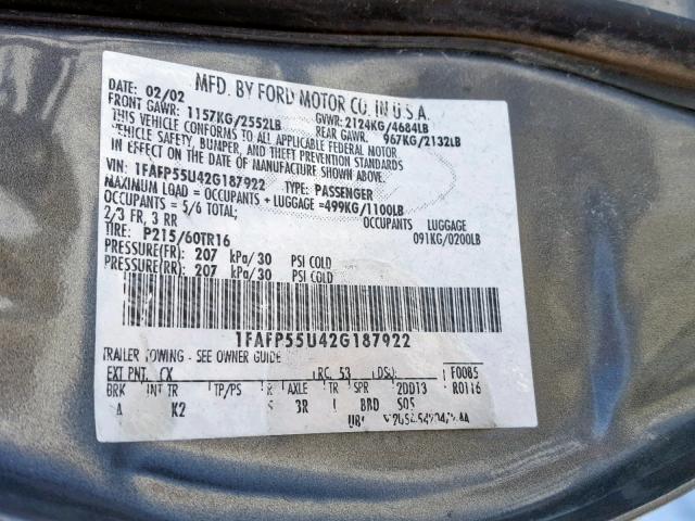 1FAFP55U42G187922 - 2002 FORD TAURUS SES GRAY photo 10