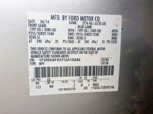 1FM5K8F8XFGA15242 - 2015 FORD EXPLORER L SILVER photo 10