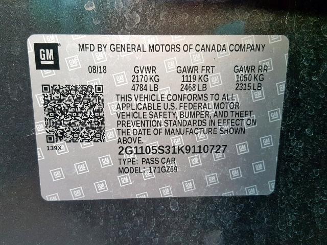 2G1105S31K9110727 - 2019 CHEVROLET IMPALA PRE GRAY photo 10