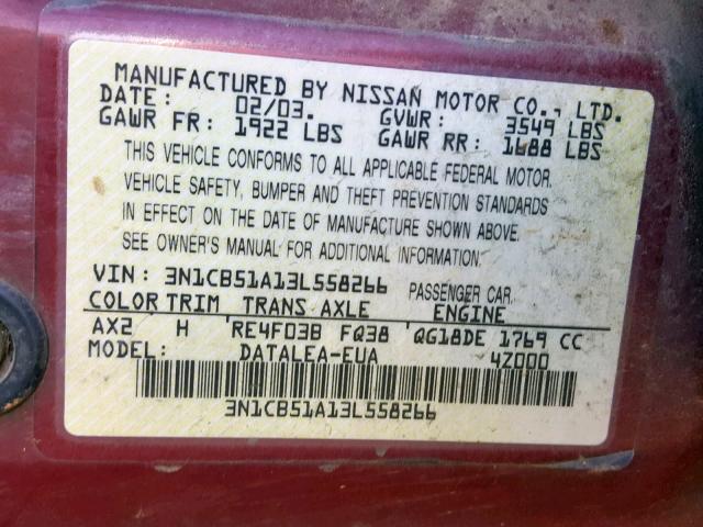 3N1CB51A13L558266 - 2003 NISSAN SENTRA GXE BURGUNDY photo 10