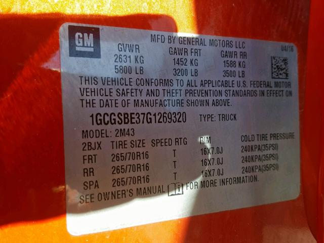 1GCGSBE37G1269320 - 2016 CHEVROLET COLORADO ORANGE photo 10