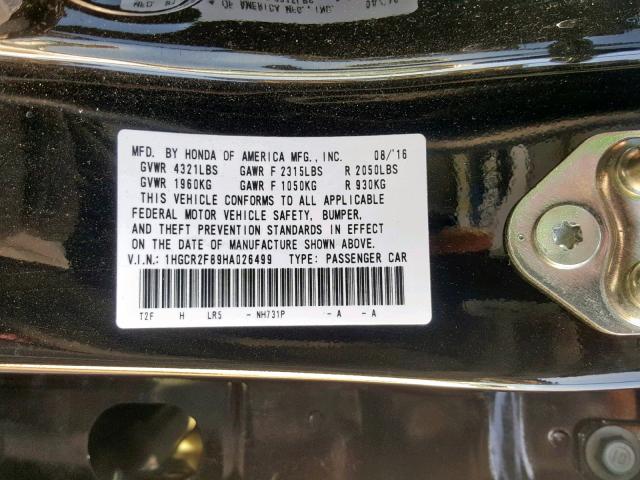 1HGCR2F89HA026499 - 2017 HONDA ACCORD EXL BLACK photo 10