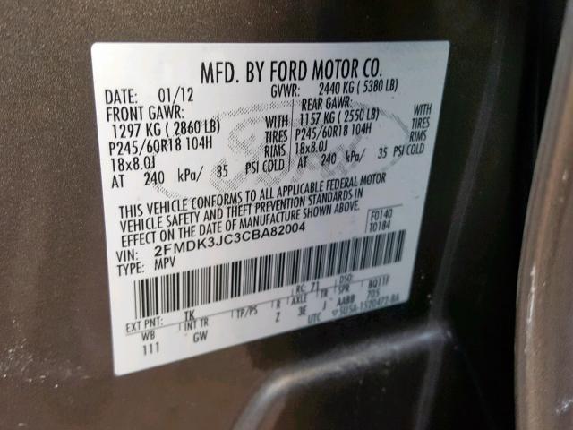 2FMDK3JC3CBA82004 - 2012 FORD EDGE SEL GRAY photo 10