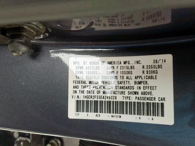 1HGCR2F55EA249026 - 2014 HONDA ACCORD SPO GRAY photo 10