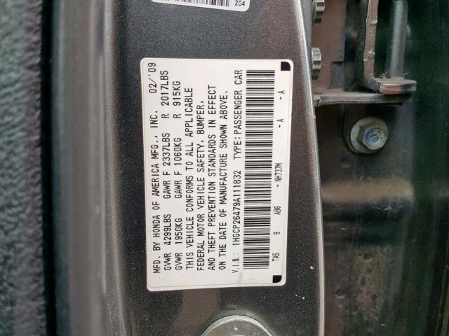 1HGCP26479A111832 - 2009 HONDA ACCORD LXP GRAY photo 10