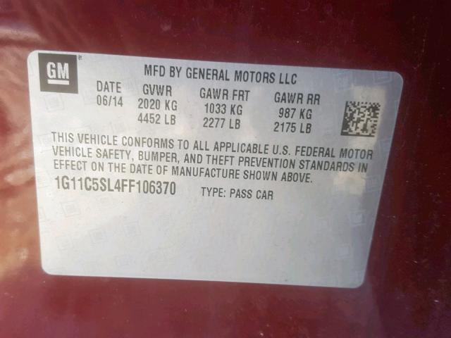 1G11C5SL4FF106370 - 2015 CHEVROLET MALIBU 1LT Bordo foto 10