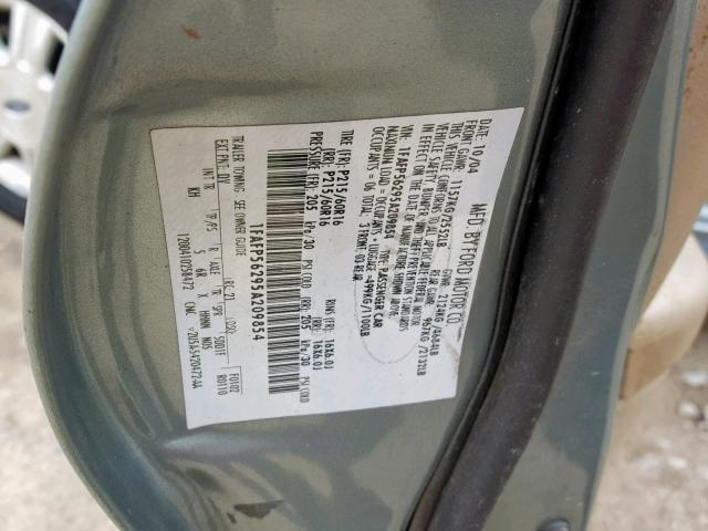 1FAFP56295A209854 - 2005 FORD TAURUS SEL GREEN photo 10